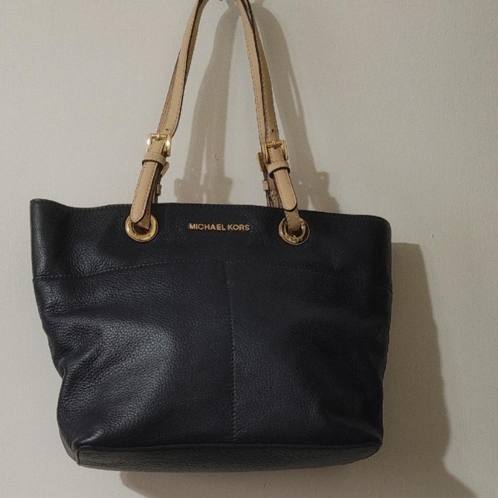 Michael Kors Navy Pebbled Leather Tote Bag with Double Tan Straps+Gold Hardware